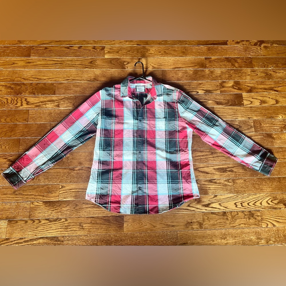 (Large) Mens Express Soft Wash Button Down Red White Plaid Long Sleeve